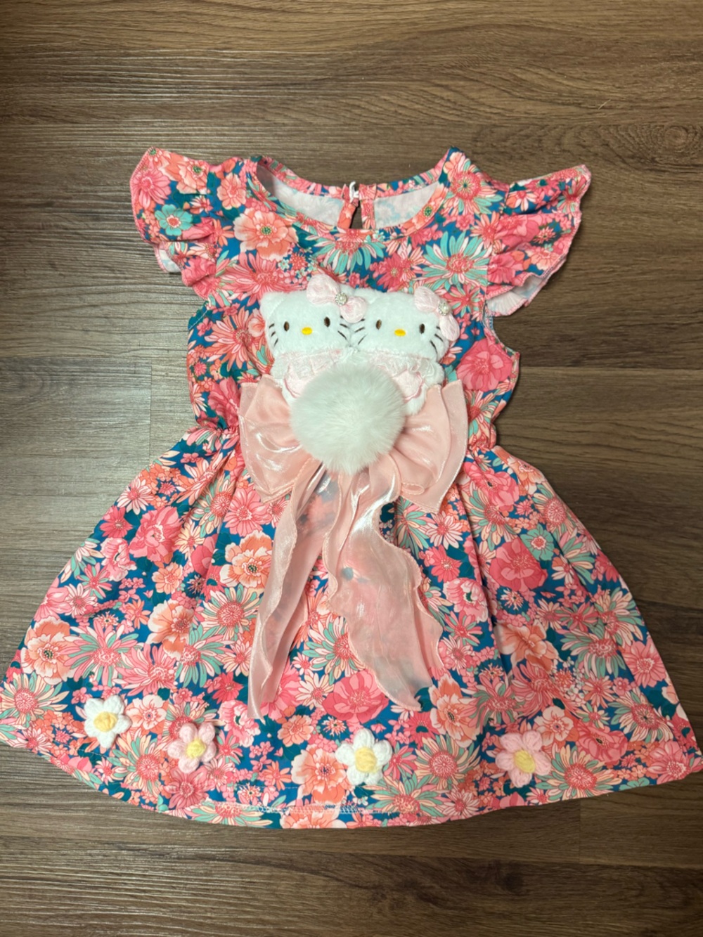 Hello Kitty stuff plush Coral Pink & Teal Floral Dress with Bow and Pom